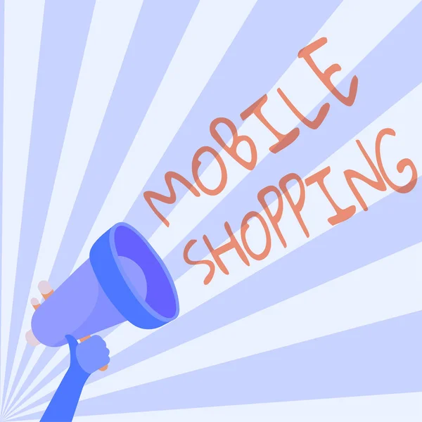 书写显示文字移动购物。商务概览通过手机手持式扩音器的移动演示进行商品和服务的买卖. — 图库照片