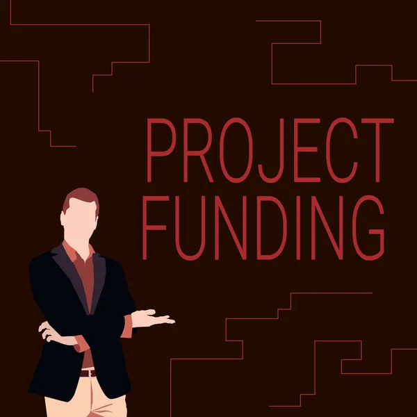 Handskrift tecken Projekt Finansiering. Ord för att betala för start för att göra det större och framgångsrik Illustration av affärsman bär rock presentera nya underbara idéer. — Stockfoto