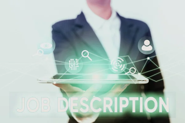 Kézírás szöveg Job Description. Koncepció jelentése Egy dokumentum, amely leírja a felelősségét egy pozíció Lady In Suit bemutató mobil eszköz Futurisztikus interfész Tech. — Stock Fotó