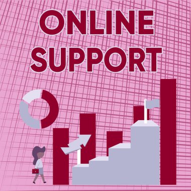 Çevrimiçi Desteği gösteren metin işareti. Alıcıların sorunlarının çözülmesine yardımcı olan internet kavramının hizmet aralığı İş Kadınlarının Büyük Grafik Gösterisine Doğru Yürüyüşü