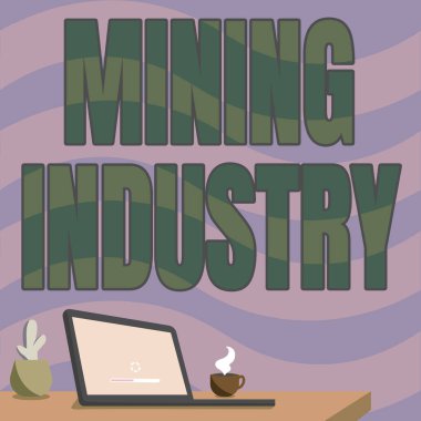İlham Madencilik Endüstrisini gösteren metin. Değerli minerallerin ve jeolojik materyallerin kavramsal fotoğraf çıkarılması ve dizüstü bilgisayar kalem tutacağı ve açık ve düzenlenmiş