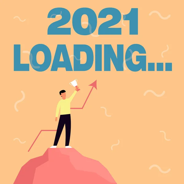 Inspiratie uithangbord 2021 Loading.... Word Geschreven op een jaar bestaande uit een reeks evenementen die nog gaande zijn Zakenman Drawing Standing On Big Rock Trots trofee vasthouden. — Stockfoto