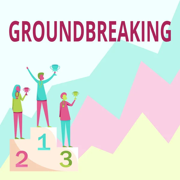 Text sign showing Groundbreaking. Business idea Very new and a big change from other things of its type Three Competitors Standing On Podium Holding Trophies Celebrating Victory. — Stock Photo, Image