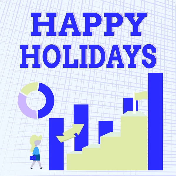 Conceptual display Happy Holidays. Business idea observance of the Christmas spirit lasting for a week Business Woman Walking Towards Large Graph Showing Performance — Stockfoto