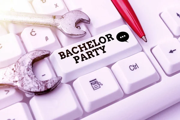 Conceptual caption Bachelor Party. Internet Concept Party given for a man who is about to get married Stag night Typing Device Instruction Manual, Posting Product Review Online — Stock Photo, Image