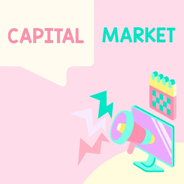 Kézírás szöveg Capital Market. Üzleti ötlet a helyszínek, ahol a megtakarítások és a beruházások csatornázva Monitor rajz Megafon termelő világítás üzenet . — Stock Fotó
