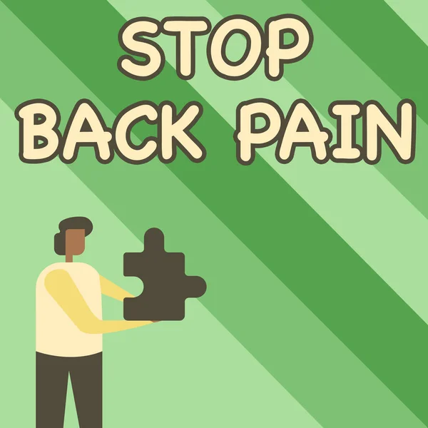 Текст почерка Stop Back Pain. Концептуальный смысл положил конец боли, ощущаемой в нижней или верхней части спины бизнесмен холдинг головоломки кусок разблокировки новых футуристических технологий — стоковое фото