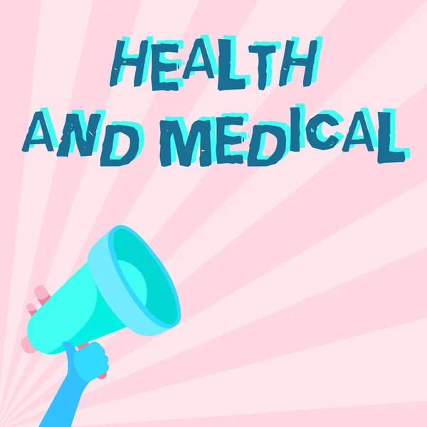 概念的な表示健康と医療.インターネットの概念研究と物理的および精神的な健康の調査｜イラスト・オブ・ハンド・ホールディングメガホン作り素晴らしい発表. — ストック写真