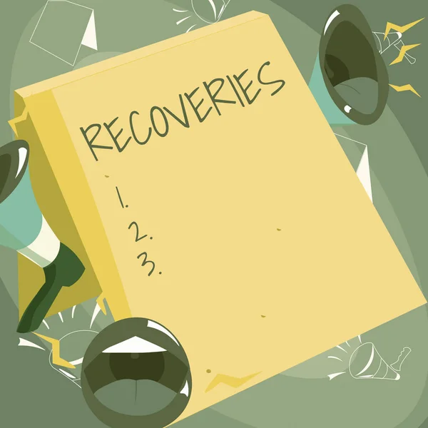 Text caption presenting Recoveries. Conceptual photo process of regaining possession or control of something lost Lips Megaphones Loudly Making New Announcement To The Public. — Stockfoto