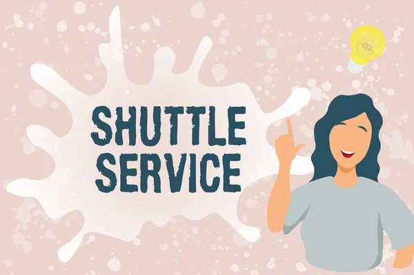 Hand writing sign Shuttle Service. Business concept vehicles like buses travel frequently between two places Lady Illustration Discovery New Idea Lamp With Speech Bubble. — Foto Stock