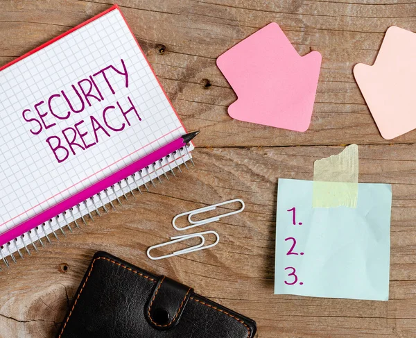 Text showing inspiration Security Breach. Concept meaning incident that results in unauthorized access of data Display of Different Color Sticker Notes Arranged On flatlay Lay Background — Stockfoto