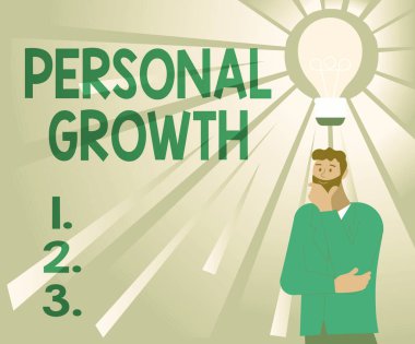 İlham verici Kişisel Büyümeyi gösteren metin. Kavramsal fotoğraf becerilerinizi geliştirin. Yeni Harika Fikirlerle Gelen Bir Adam Resmini Öğrenin..