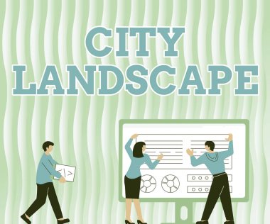 Şehir Peyzajını gösteren metin işareti. Bir şehrin ya da kentsel alanın fiziksel yönlerinin iş yaklaşımı fotoğrafı. Meslektaşlar Tablo Projeksiyonu Grafiğinin Yanında Duran Çizimler