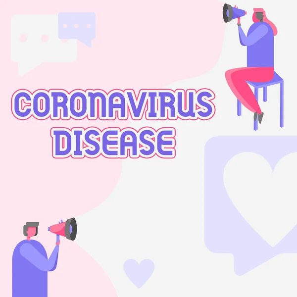 Visualizzazione concettuale Malattia di Coronavirus. Concetto di business definito come malattia causata da un nuovo virus SARSCoV2 Uomo in piedi e donna seduta entrambi tenendo Megafono con simbolo del messaggio. — Foto Stock