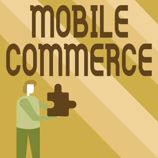 Conceptual display Mobile Commerce. Business showcase all online commercial transactions using smartphones Business Man Holding Jigsaw Puzzle Piece Unlocking New Futuristic Technologies — 图库照片