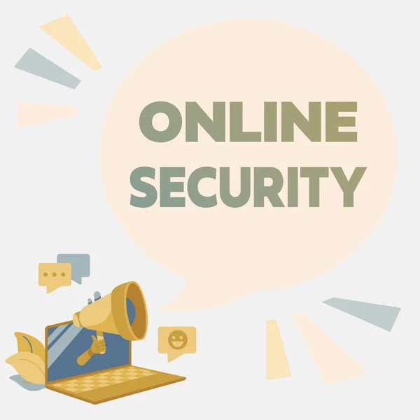 Conceptual display Online Security. Conceptual photo rules to protect against attacks over the Internet Laptop Drawing Sharing Comments And Reactions At Chat Cloud Over Megaphone. — Stock Photo, Image