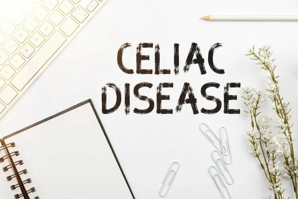 Text showing inspiration Celiac Disease. Business idea autoimmune disorder that primarily affects small intestine Multiple Assorted Collection Office Stationery Photo Placed Over Table — Stockfoto