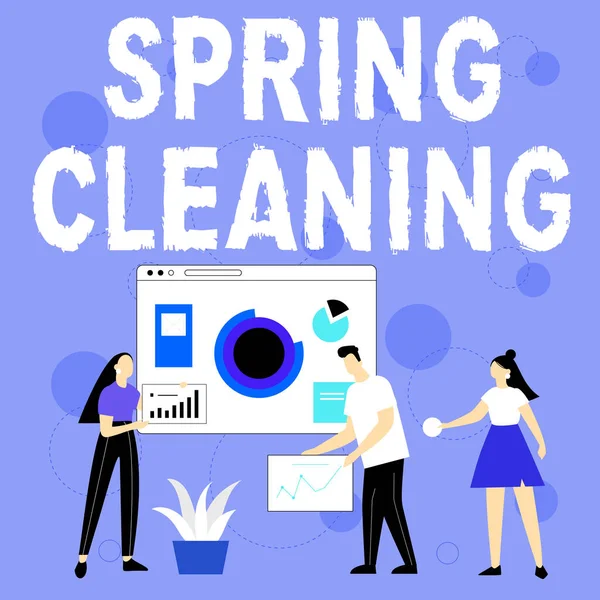 Hand writing sign Spring Cleaning. Business concept practice of thoroughly cleaning house in the springtime Employee Helping Together Sharing Ideas For Skill Improvement. — Stockfoto