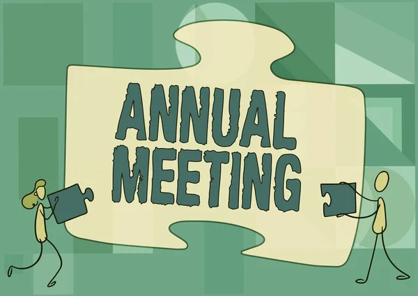 Writing displaying text Annual Meeting. Concept meaning Yearly gathering of an organization interested shareholders Colleagues Drawing Fitting Two Pieces Of Jigsaw Puzzle Together Teamwork. — Stockfoto