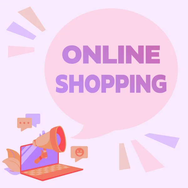 Text sign showing Online Shopping. Business concept allows consumers to buy their goods over the Internet Laptop Drawing Sharing Comments And Reactions At Chat Cloud Over Megaphone. — Stock Photo, Image