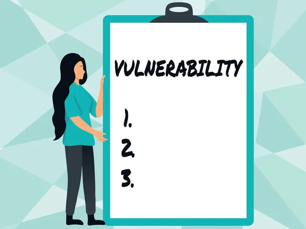 Handwriting text Vulnerability. Business showcase State of being exposed to the possibility of being attacked Woman Drawing Holding A Big Empty Clipboard Showing New Meaning. — Stock Photo, Image