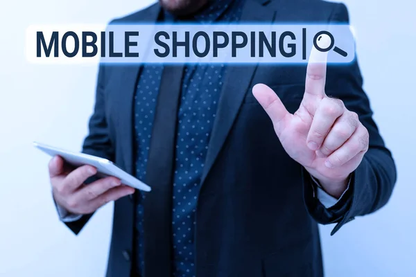 Έμπνευση που δείχνει σήμα Mobile Shopping. Έννοια που σημαίνει Αγορά και πώληση αγαθών και υπηρεσιών μέσω κινητών Παρουσιάζοντας Νέες Τεχνολογικές Ιδέες Συζητώντας Τεχνολογική Βελτίωση — Φωτογραφία Αρχείου