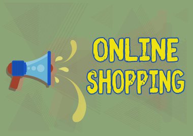 Çevrimiçi Alışveriş 'i gösteren metin işareti. Kavram anlamı, tüketicilerin ürünlerini internet illüstrasyonu üzerinden satın almalarına izin veriyor..