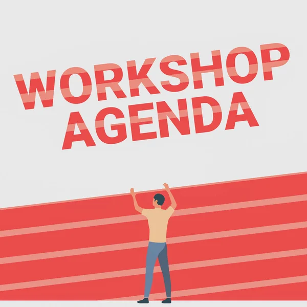 Text sign showing Workshop Agenda. Business concept helps you to ensure that your place stays on schedule Athletic Man Standing On Track Field Raising Both Hand Showing Celebration. — Fotografia de Stock