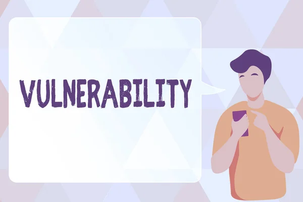 Writing displaying text Vulnerability. Internet Concept State of being exposed to the possibility of being attacked Man Illustration Using Mobile And Displaying Speech Bubble Conversation. — Stock Photo, Image