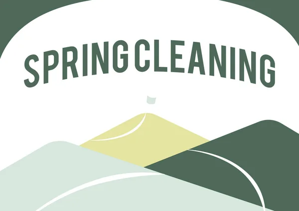 Text caption presenting Spring Cleaning. Word Written on practice of thoroughly cleaning house in the springtime Mountain Range Drawing With Road Leading To Raised Flag At Top. — Foto Stock