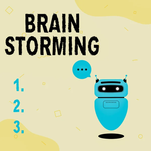 Textskylt som visar Brain Storming. Affärsidé Stimulera kreativt tänkande Utveckla nya idéer Diskussion Illustration av söt flytande robot Telling Information i ett chattmoln. — Stockfoto