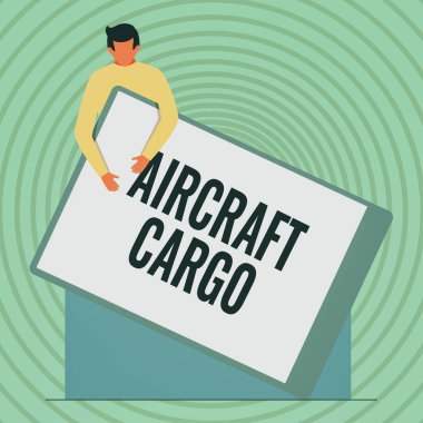 El yazısı işareti Uçak Kargosu. İş vitrininde nakliye uçağı nakliye malları beyefendinin elinde kocaman boş bir pano ile uçaktan geçiyor..