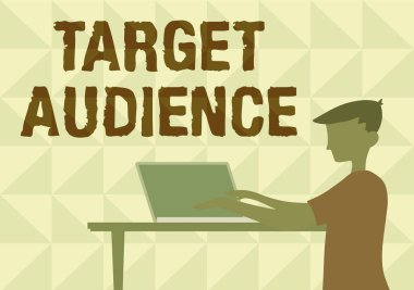 El yazısı işareti Hedef Seyirci. İşletme gösterisi kategorisi sözlerinizi İşadamı Ayakta Kalan Dizüstü bilgisayarla Tahta Masa 'nın üstüne yerleştirmek istediğinizi gösteriyor.