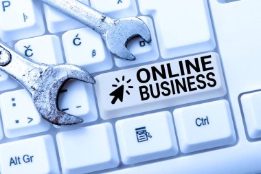 Online Business 'ı gösteren mesaj işareti. Ticari işlem paylaşım bilgileri için kelime İnternet 'te Soyut Sanal Muhasebe, Yeni Ürün Online Listesi