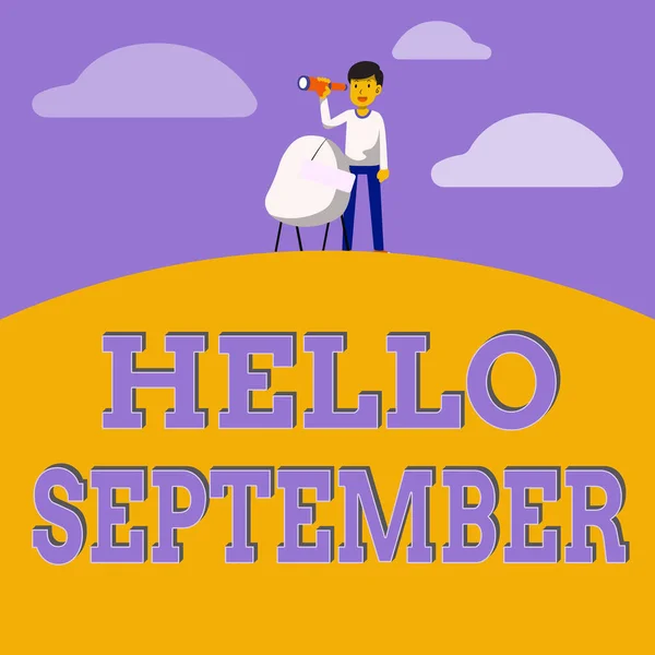 Fogalmi felirat Hello September. Üzleti kirakat Alig várja, hogy meleg fogadtatásban részesüljön a szeptember hónapban Férfi Távcső Illusztráció Állandó szék Jelzési lehetőségekkel. — Stock Fotó