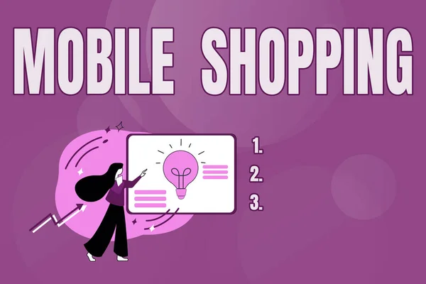 Вдохновение показывает знак Mobile Shopping. Покупка и продажа товаров и услуг через мобильную анкету Заполнение онлайн-форм, Ответы на вопросы и опросы — стоковое фото