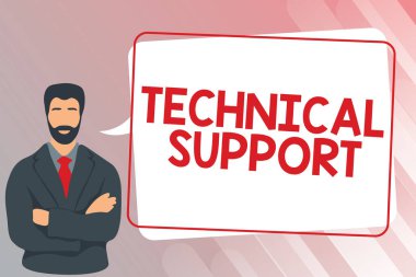 Kavramsal başlık Teknik Destek. Ürünlerinin kullanıcıları için Onarım ve Tavsiye Servisi Sözcüğü Adam Elden Geçiş Yapıyor Konuşma Baloncuğu İletisiyle Duruyor.