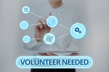 Gönüllüye ihtiyaç olduğunu gösteren metin başlığı. Ücretsiz veya tazminatsız iş yapmak için yardımcı arayan kadın için kelime. Üniformalı Bekleme Tableti Yazma Futuristik Teknolojileri.