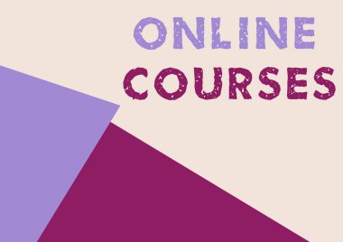 Çevrimiçi kursları gösteren metin işareti. İnternet Hattı Resmedilmiş Arkaplan ve Değişik Şekiller ve Renklerle Resmi Eğitimde Devrim Yapan İş Konsepti.