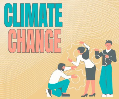 Metin işareti iklim değişikliğini gösteriyor. Küresel ortalama sıcaklık değişiminde iş yaklaşımındaki artış Grup Tutma Viteslerinin Çalışmalarında Birbirine Yardım Etmesinin İllüstrasyonu.