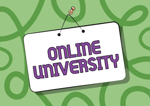 Visualizzazione concettuale Online University. Parola per corsi di apprendimento a distanza sono presi su internet appuntato appeso porta segno Disegno con spazio vuoto di scrittura. — Foto Stock