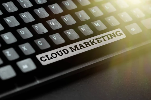 Sign displaying Cloud Marketing. Business approach The process of an organisation to market their services Converting Written Notes To Digital Data, Typing Important Coding Files — Fotografia de Stock