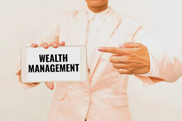 Inspiration showing sign Wealth Management. Word for Sustain and grow long term prosperity Financial care Presenting New Technology Ideas Discussing Technological Improvement — Foto Stock