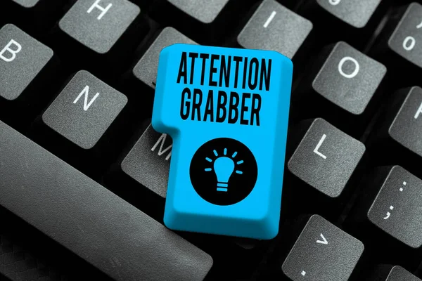 Conceptual caption Attention Grabber. Concept meaning Demanding notice mainly by being prominent or outlandish Setting Up New Online Blog Website, Typing Meaningful Internet Content