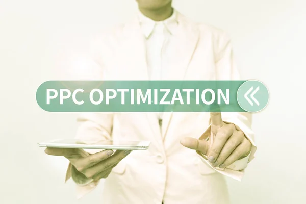 Writing displaying text Ppc Optimization. Business approach Enhancement of search engine platform for pay per click Presenting New Technology Ideas Discussing Technological Improvement — Fotografia de Stock