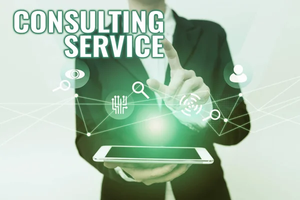 Text showing inspiration Consulting Service. Conceptual photo Experts that offers knowledge to a third party for a fee Woman In Uniform Holding Mobile Phone Showing Futuristic Virtual Icons — Stockfoto