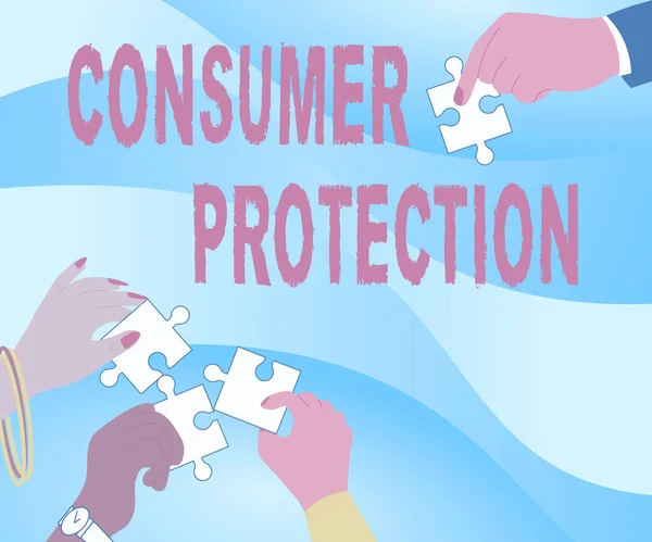 Написание текста - это защита потребителя. Концепция "Справедливой торговли" в Интернете гарантирует защиту прав потребителей Иллюстрация рукопожатий, содержащих части головоломки, помогающие друг другу. — стоковое фото