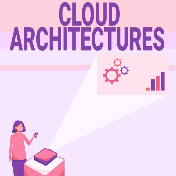 Inspiration showing sign Cloud Architectures. Business idea Various Engineered Databases Softwares Applications Lady Standing Holding Projector Remote Control Presenting Graph Growth.