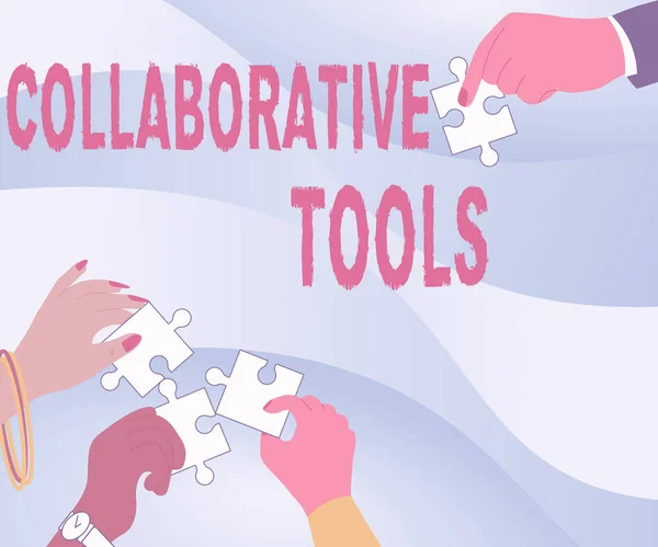 Writing displaying text Collaborative Tools. Business overview Private Social Network to Connect thru Online Email Illustration Of Hands Holding Jigsaw Puzzle Pieces Helping Each Others.