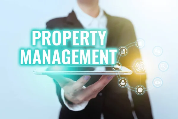 Hand writing sign Property Management. Business approach Overseeing of Real Estate Preserved value of Facility Lady In Suit Presenting Mobile Device With Futuristic Interface Tech. — Fotografia de Stock